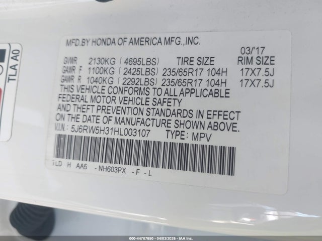 5J6RW5H31HL003107 Honda CR-V LX