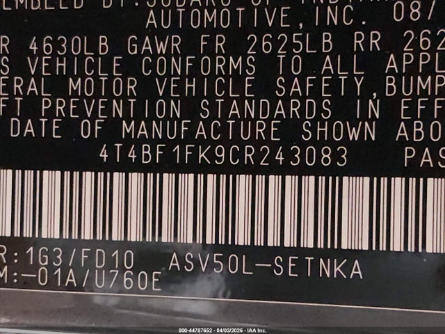 2012 Toyota Camry Le მანქანა იყიდება აუქციონზე, vin: 4T4BF1FK9CR243083, აუქციონის ნომერი: 44787652