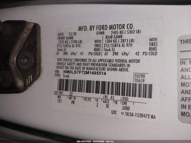 44787658 :رقم المزاد ، NM0LS7F72M1495514 vin ، 2021 Ford Transit Connect Xlt مزاد بيع