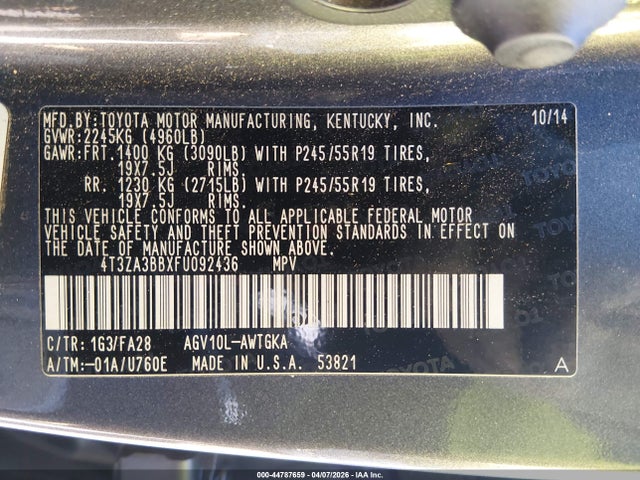 Toyota VENZA LE 2015 4T3ZA3BBXFU092436 Image 9