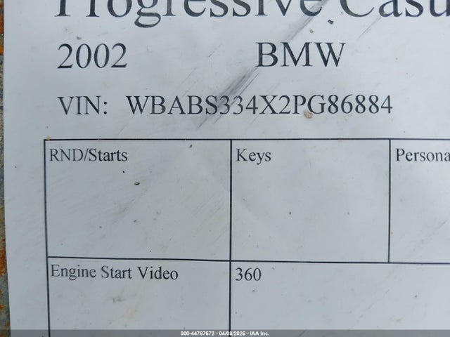 Aukcja sprzedaży 2002 Bmw 325ci, vin: WBABS334X2PG86884, numer aukcji: 44787672