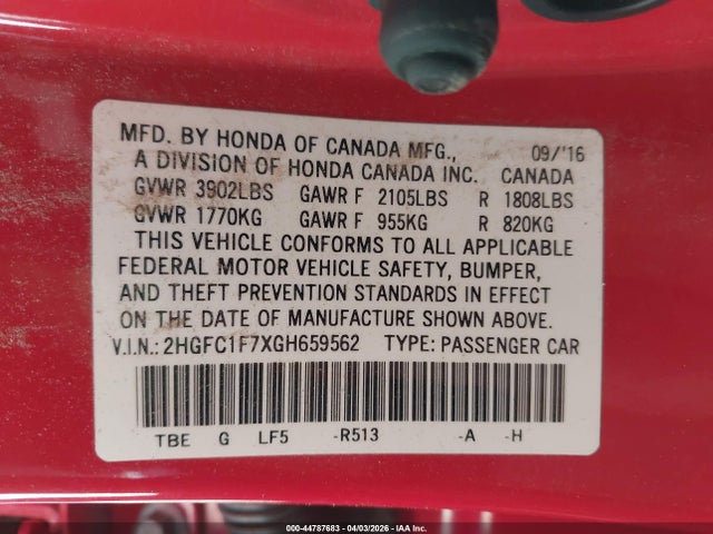 44787683 :رقم المزاد ، 2HGFC1F7XGH659562 vin ، 2016 Honda Civic Ex-l مزاد بيع