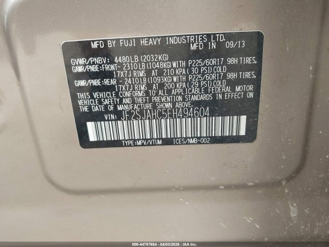 2014 Subaru Forester 2.5i Limited მანქანა იყიდება აუქციონზე, vin: JF2SJAHC5EH494604, აუქციონის ნომერი: 44787684