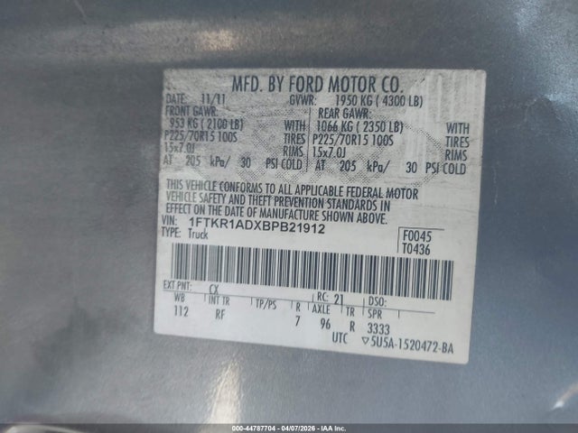 Aukcja sprzedaży 2011 Ford Ranger Xl, vin: 1FTKR1ADXBPB21912, numer aukcji: 44787704