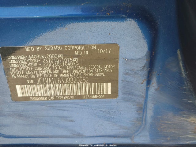Aukcja sprzedaży 2018 Subaru Wrx Limited, vin: JF1VA1L63J8820252, numer aukcji: 44787711