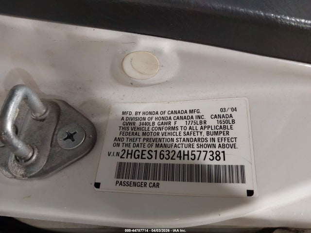 2004 Honda Civic Vp მანქანა იყიდება აუქციონზე, vin: 2HGES16324H577381, აუქციონის ნომერი: 44787714
