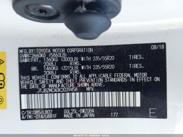 44787716 :رقم المزاد ، JTJBZMCA0K2039458 vin ، 2019 Lexus Rx 350 مزاد بيع