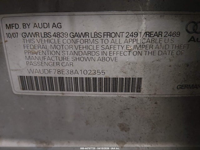 2008 Audi A4 2.0t მანქანა იყიდება აუქციონზე, vin: WAUDF78E38A102355, აუქციონის ნომერი: 44787725