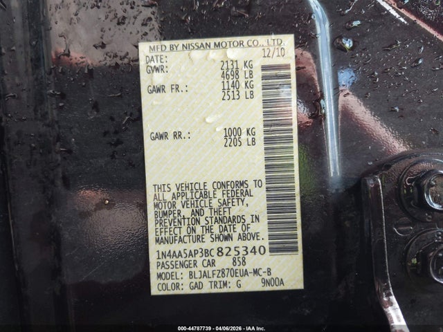 Продажа на аукционе авто 2011 Nissan Maxima 3.5 Sv, vin: 1N4AA5AP3BC825340, номер лота: 44787739