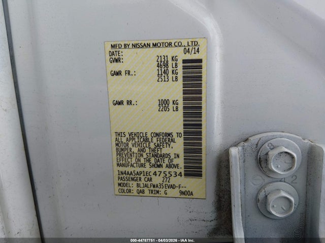 2014 Nissan Maxima 3.5 Sv მანქანა იყიდება აუქციონზე, vin: 1N4AA5AP1EC475534, აუქციონის ნომერი: 44787751