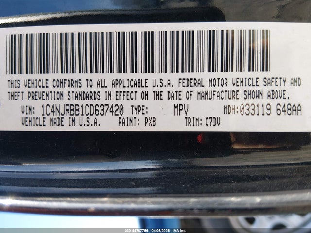 2012 Jeep Patriot Sport მანქანა იყიდება აუქციონზე, vin: 1C4NJRBB1CD637420, აუქციონის ნომერი: 44787756