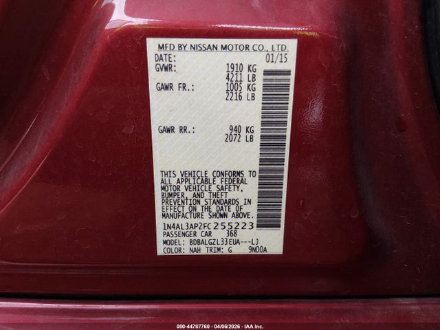 Nissan Altima 2.5 S 2015 1N4AL3AP2FC255223 Image 9