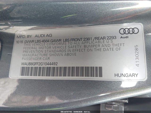Aukcja sprzedaży 2016 Audi A3 2.0t Premium, vin: WAUB8GFF2G1044492, numer aukcji: 44787783