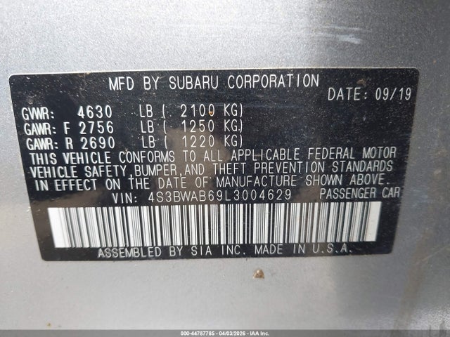 Aukcja sprzedaży 2020 Subaru Legacy, vin: 4S3BWAB69L3004629, numer aukcji: 44787785