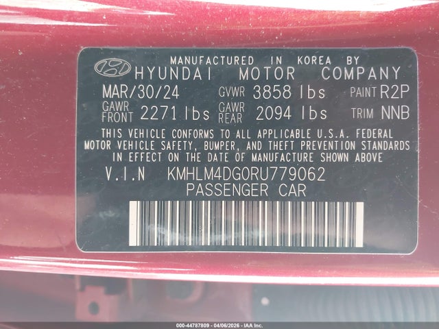 Aukcja sprzedaży 2024 Hyundai Elantra Sel, vin: KMHLM4DG0RU779062, numer aukcji: 44787809
