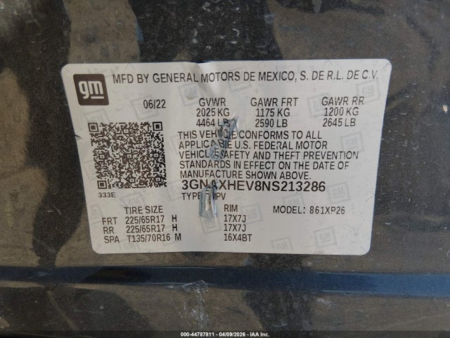 3GNAXHEV8NS213286 Chevrolet Equinox Fwd Ls