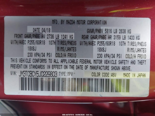 44787818 :رقم المزاد ، JM3TCBCY5J0229803 vin ، 2018 Mazda Cx-9 Touring مزاد بيع