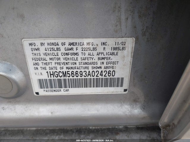 2003 Honda Accord 2.4 Ex მანქანა იყიდება აუქციონზე, vin: 1HGCM56693A024260, აუქციონის ნომერი: 44787823