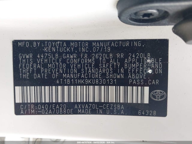 4T1B11HK9KU830131 Toyota CAMRY SE