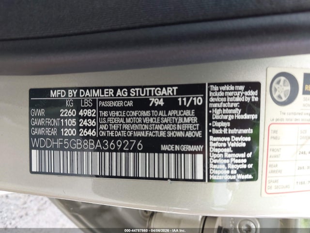 2011 Mercedes-benz E 350 მანქანა იყიდება აუქციონზე, vin: WDDHF5GB8BA369276, აუქციონის ნომერი: 44787860