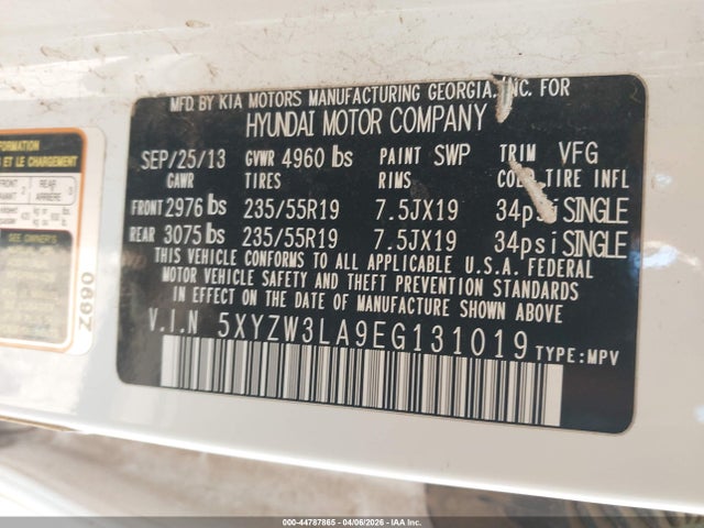 2014 Hyundai Santa Fe Sport 2.0l Turbo მანქანა იყიდება აუქციონზე, vin: 5XYZW3LA9EG131019, აუქციონის ნომერი: 44787865