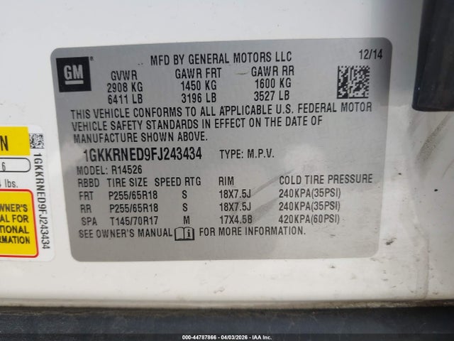 Aukcja sprzedaży 2015 Gmc Acadia Sle-1, vin: 1GKKRNED9FJ243434, numer aukcji: 44787866