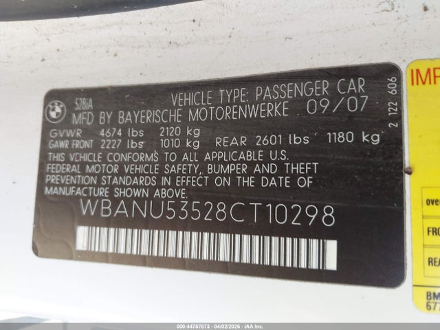 Продаж на аукціоні авто 2008 Bmw 528i, vin: WBANU53528CT10298, номер лоту: 44787873