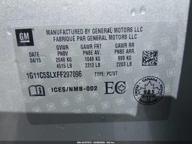 2015 Chevrolet Malibu 1lt მანქანა იყიდება აუქციონზე, vin: 1G11C5SLXFF297096, აუქციონის ნომერი: 44787875