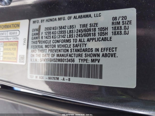 Aukcja sprzedaży 2021 Honda Pilot Awd Ex-l, vin: 5FNYF6H52MB013456, numer aukcji: 44787889