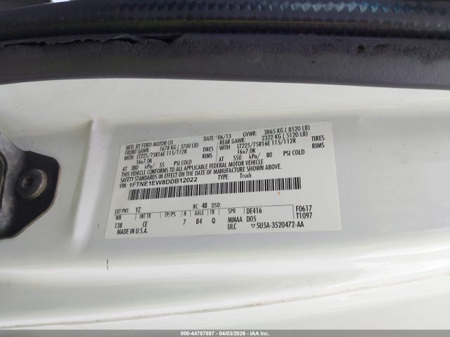 2013 Ford E-150 Commercial მანქანა იყიდება აუქციონზე, vin: 1FTNE1EW8DDB12022, აუქციონის ნომერი: 44787897