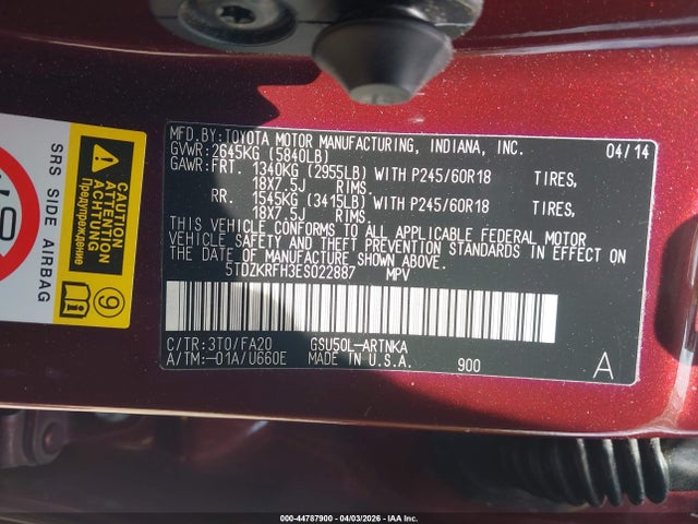 5TDZKRFH3ES022887 Toyota Highlander Le Plus V6