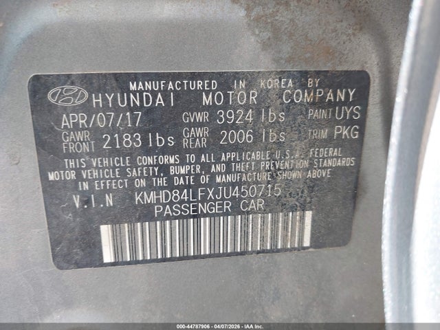 44787906 :رقم المزاد ، KMHD84LFXJU450715 vin ، 2018 Hyundai Elantra Value Edition مزاد بيع