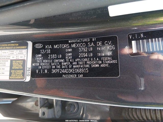 2019 Kia Forte Lxs მანქანა იყიდება აუქციონზე, vin: 3KPF24AD3KE068915, აუქციონის ნომერი: 44787923