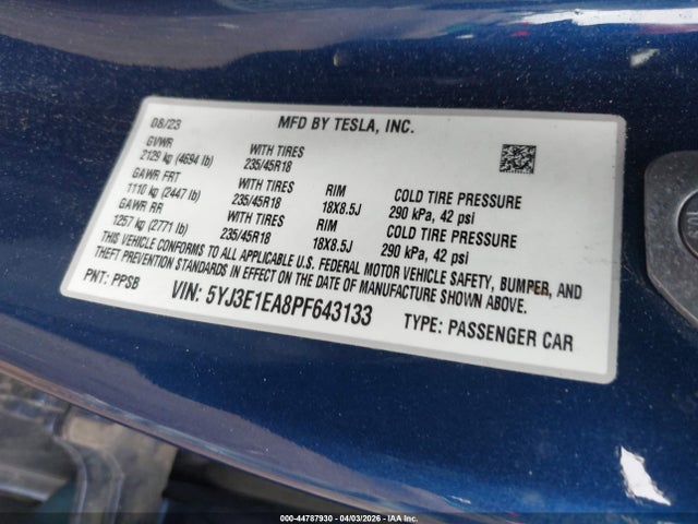 Продаж на аукціоні авто 2023 Tesla Model 3 Rear-wheel Drive, vin: 5YJ3E1EA8PF643133, номер лоту: 44787930