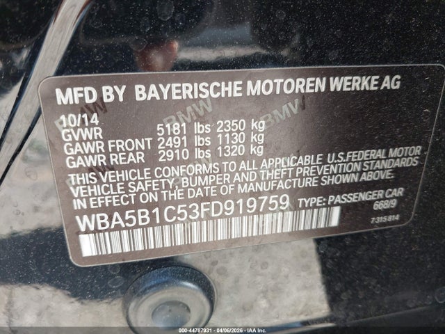 Aukcja sprzedaży 2015 Bmw 535i, vin: WBA5B1C53FD919759, numer aukcji: 44787931