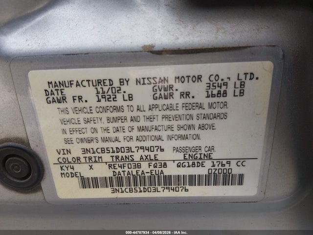 2003 Nissan Sentra Gxe მანქანა იყიდება აუქციონზე, vin: 3N1CB51D03L794076, აუქციონის ნომერი: 44787934