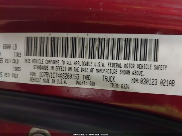 44787938 :رقم المزاد ، 1D7RV1CT4AS200153 vin ، 2010 Dodge Ram 1500 مزاد بيع
