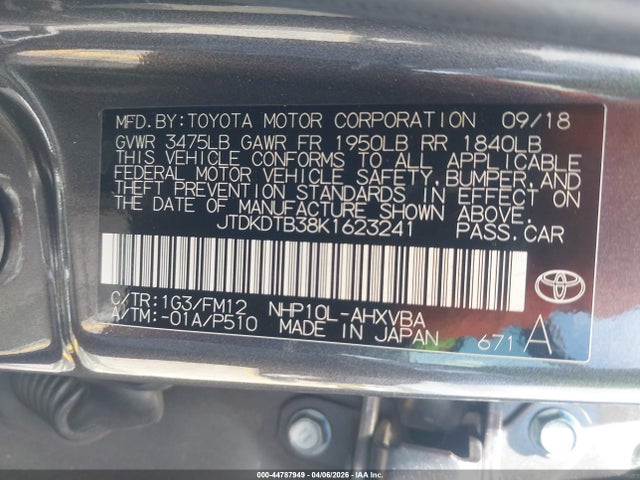 44787949 :رقم المزاد ، JTDKDTB38K1623241 vin ، 2019 Toyota Prius C L مزاد بيع