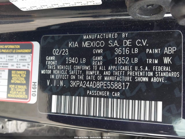 Aukcja sprzedaży 2023 Kia Rio S, vin: 3KPA24AD8PE558817, numer aukcji: 44787954