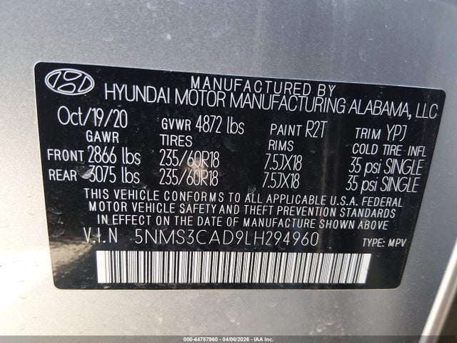 44787960 :رقم المزاد ، 5NMS3CAD9LH294960 vin ، 2020 Hyundai Santa Fe Sel مزاد بيع