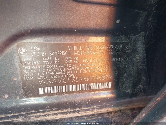 44787970 :رقم المزاد ، WBAVC93598K038879 vin ، 2008 Bmw 328xi مزاد بيع