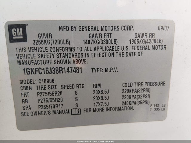Aukcja sprzedaży 2008 Gmc Yukon Xl 1500 Slt, vin: 1GKFC16J38R147481, numer aukcji: 44787971