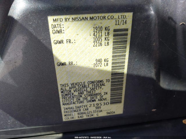 Nissan Altima 2.5 S 2015 1N4AL3AP7FC219530 Image 9