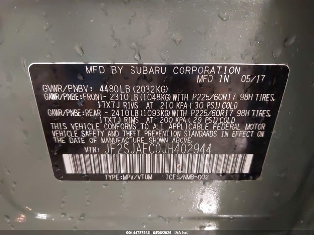 2018 Subaru Forester 2.5i Premium მანქანა იყიდება აუქციონზე, vin: JF2SJAEC0JH402944, აუქციონის ნომერი: 44787985