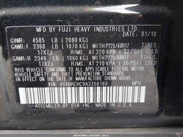Продажа на аукционе авто 2010 Subaru Outback 2.5i Premium, vin: 4S4BRCHC9A3358160, номер лота: 44788004