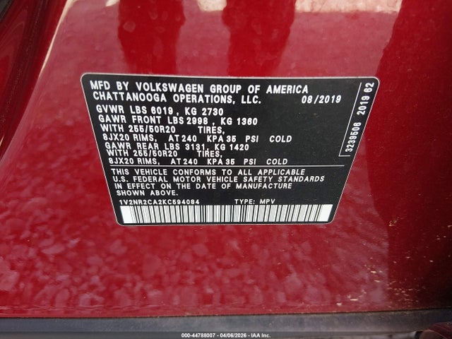 Aukcja sprzedaży 2019 Volkswagen Atlas 3.6l V6 Sel Premium, vin: 1V2NR2CA2KC594084, numer aukcji: 44788007