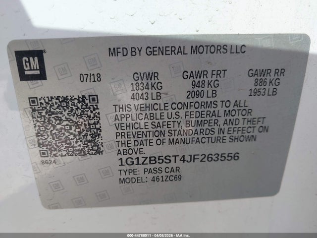 44788011 :رقم المزاد ، 1G1ZB5ST4JF263556 vin ، 2018 Chevrolet Malibu 1ls مزاد بيع