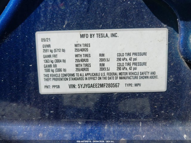 Продаж на аукціоні авто 2021 Tesla Model Y Long Range Dual Motor All-wheel Drive, vin: 5YJYGAEE2MF280567, номер лоту: 44788016