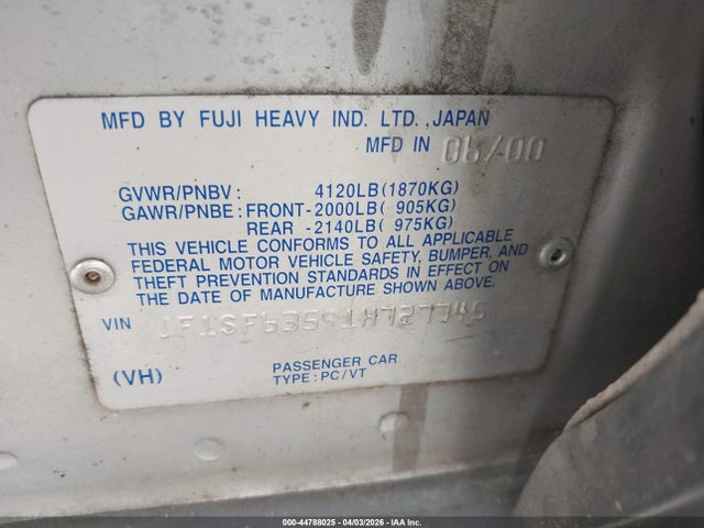 44788025 :رقم المزاد ، JF1SF63591H727745 vin ، 2001 Subaru Forester L مزاد بيع