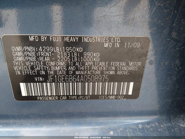 2010 Subaru Impreza 2.5i Premium მანქანა იყიდება აუქციონზე, vin: JF1GE6B64AG508975, აუქციონის ნომერი: 44788026